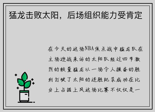 猛龙击败太阳，后场组织能力受肯定