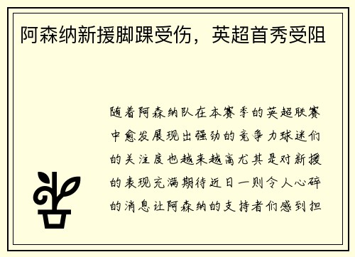阿森纳新援脚踝受伤，英超首秀受阻