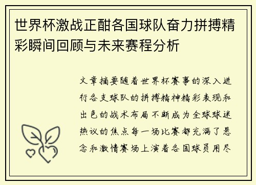 世界杯激战正酣各国球队奋力拼搏精彩瞬间回顾与未来赛程分析
