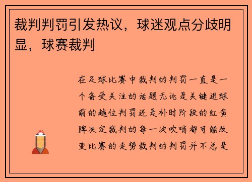 裁判判罚引发热议，球迷观点分歧明显，球赛裁判