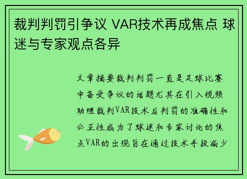 裁判判罚引争议 VAR技术再成焦点 球迷与专家观点各异