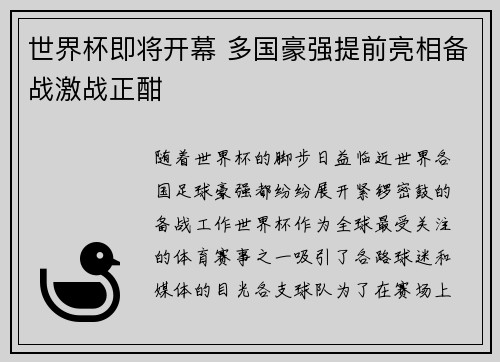 世界杯即将开幕 多国豪强提前亮相备战激战正酣